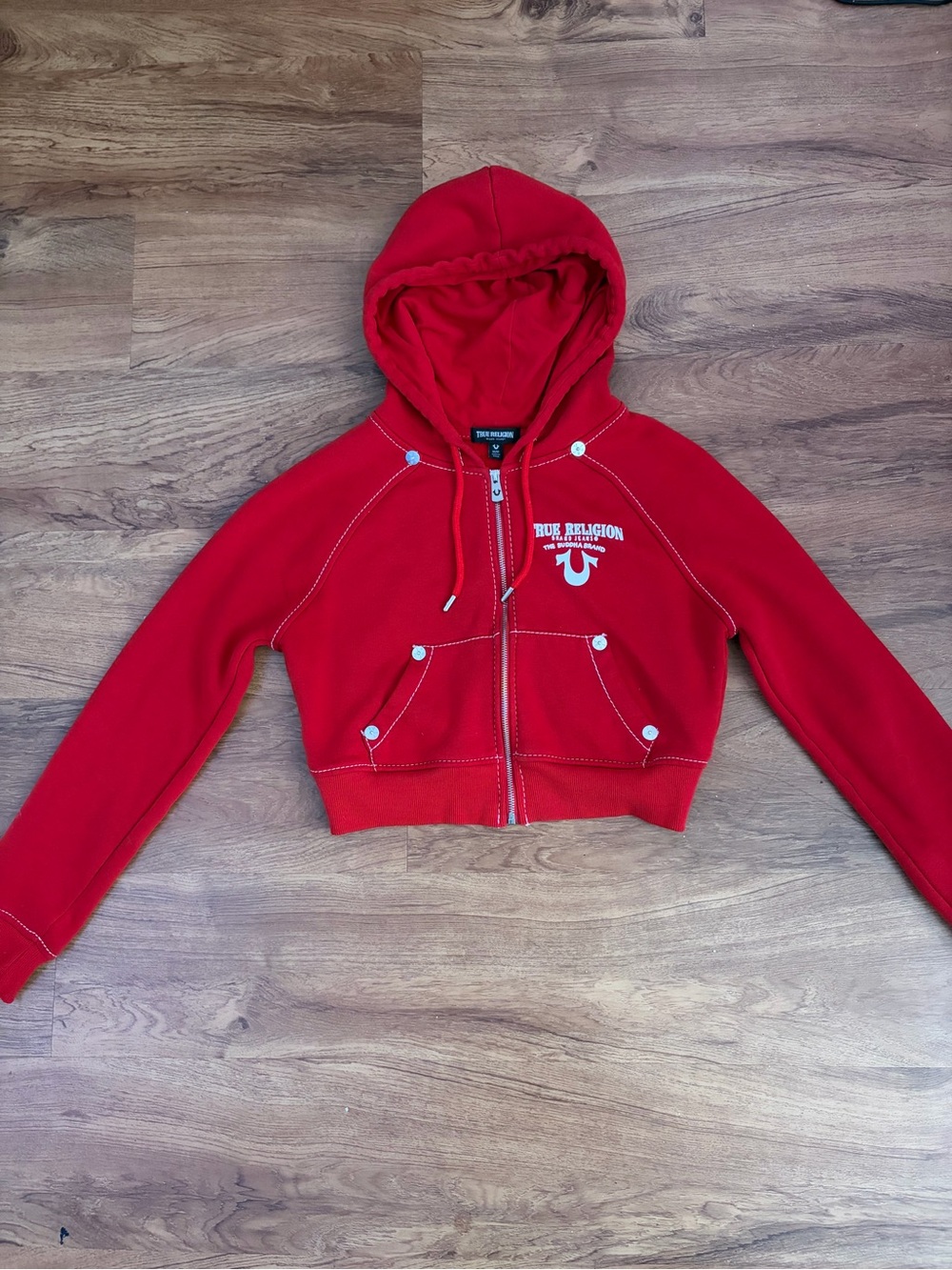 True Religion Red Cropped Zip-Up Hoodie Jacket
